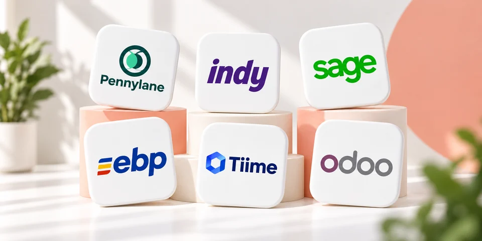 Les logiciels comptables Pennylane, Indy, Sage, EBP, Tiime et Odoo présentés sur des supports blancs